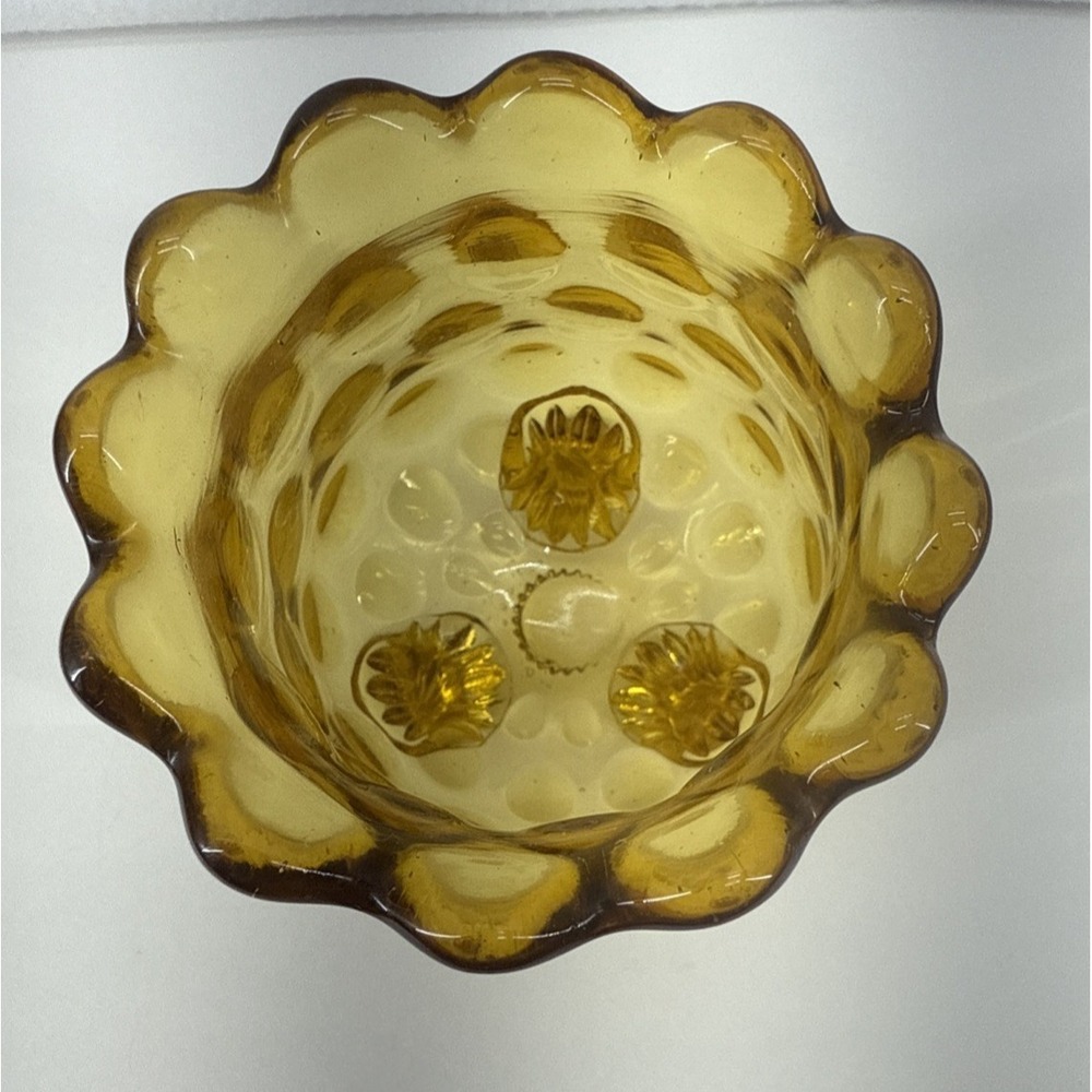 Vintage Handblown Amber Glass Vase Hobnail Bulbous Feet Ruffled Rim - Picture 2 of 7
